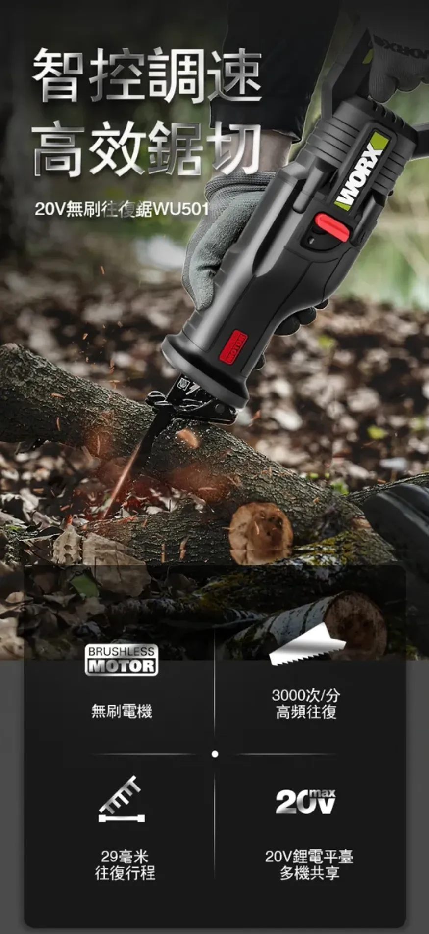 WU501 無刷鋰電軍刀鋸 20V 29mm 重型 仿真抬刀 電鋸 木頭 樹枝 水管 水電 居家 金屬 WORX 威克士