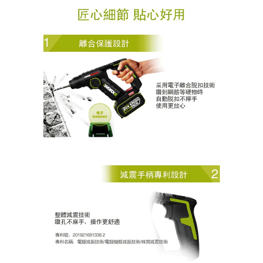 WU380S 鋰電無刷免出力電錘20V 20mm 錘鑽/平鑽 雙功能 水泥 地板 鑽牆 水電 居家 電槌 WORX威克士