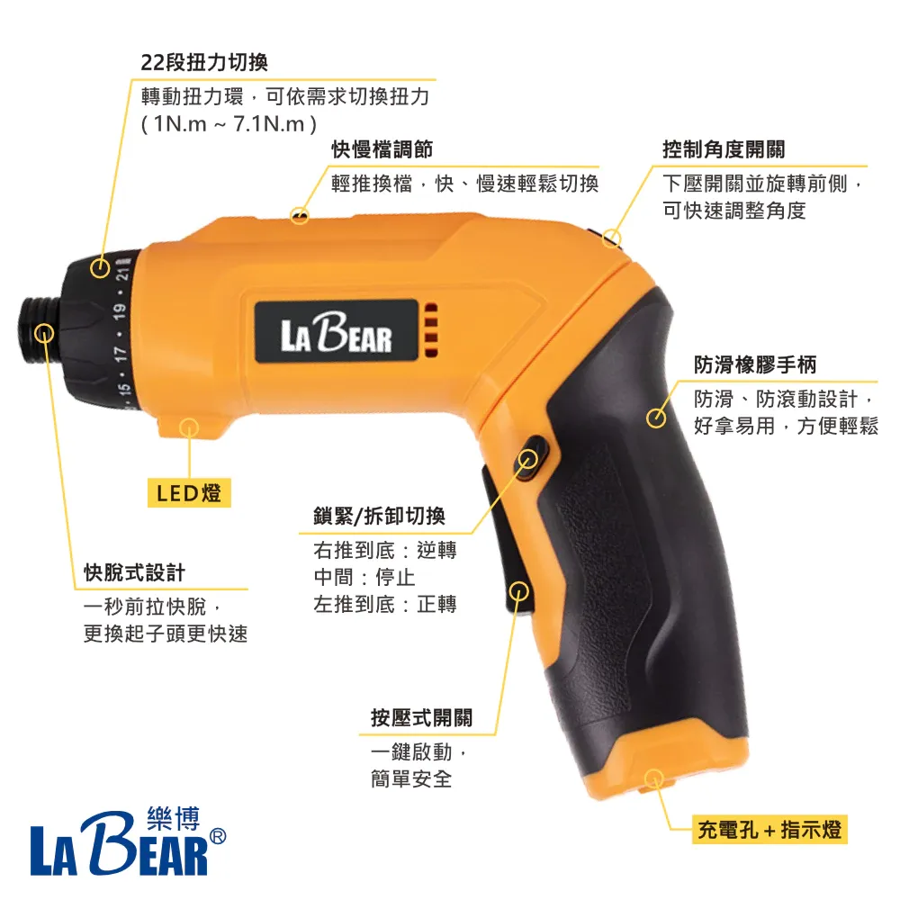 【LaBear】22段扭力 摺疊電動螺絲起子 槍型/直型 兩用 650RPM 90度電動起子機 3.6V充電起子機