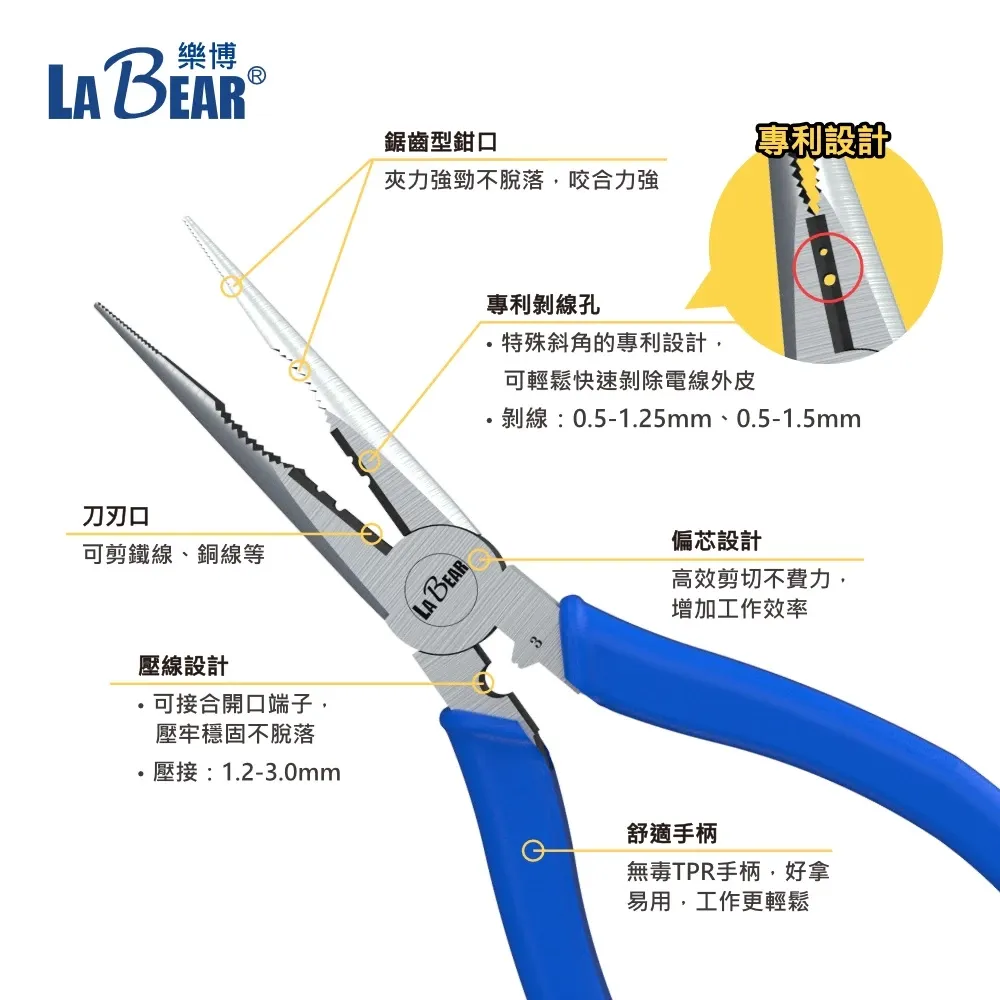 【LaBear】剝線尖嘴鉗 尖嘴鉗 6吋 專利 剝線鉗 尖口鉗 尖嘴鉗 壓線鉗 壓著鉗 專利設計 台灣製