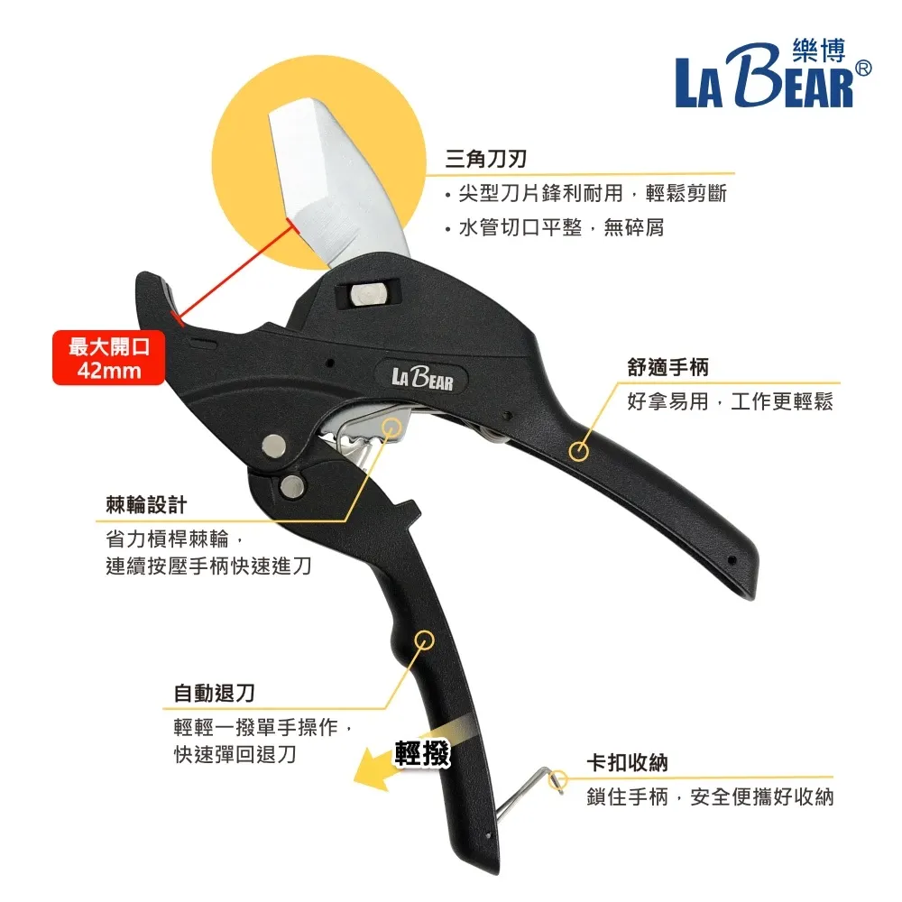 【LaBear】快速剪管刀 塑膠管切刀 32/42/64mm 自動退刀 棘輪省力 切管刀 PVC水管剪 切管器 裁管刀