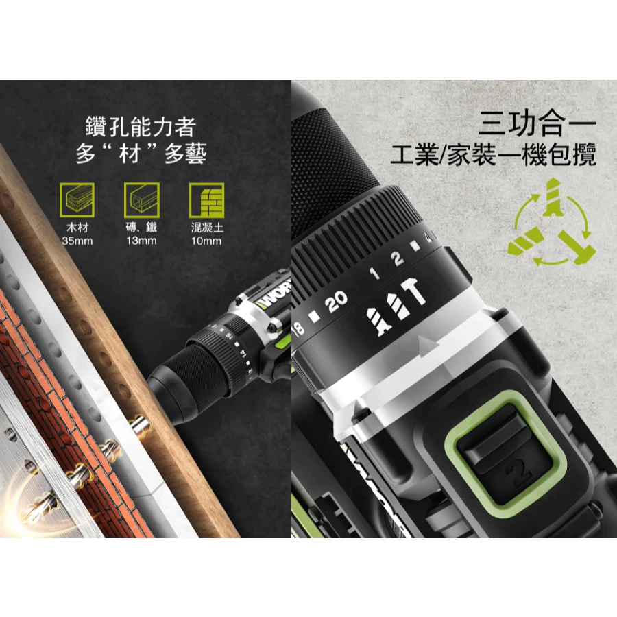 WU369無刷鋰電震動衝擊鑽20V 13mm 60N.m水電 電鑽 木工 金屬 水泥 木頭 鑽牆 夾頭 WORX 威克士