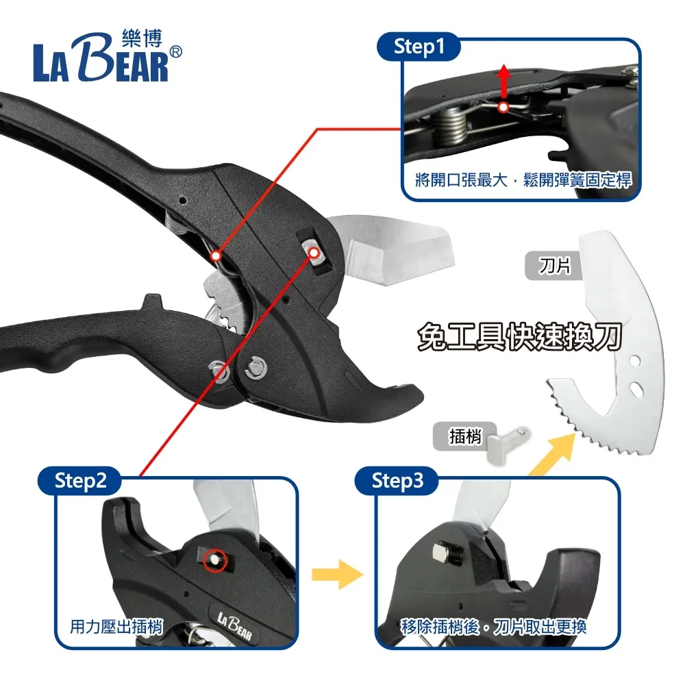 【LaBear】快速剪管刀 塑膠管切刀 32/42/64mm 自動退刀 棘輪省力 切管刀 PVC水管剪 切管器 裁管刀