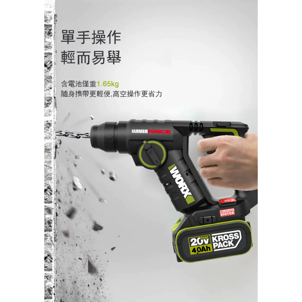 WU380S 鋰電無刷免出力電錘20V 20mm 錘鑽/平鑽 雙功能 水泥 地板 鑽牆 水電 居家 電槌 WORX威克士