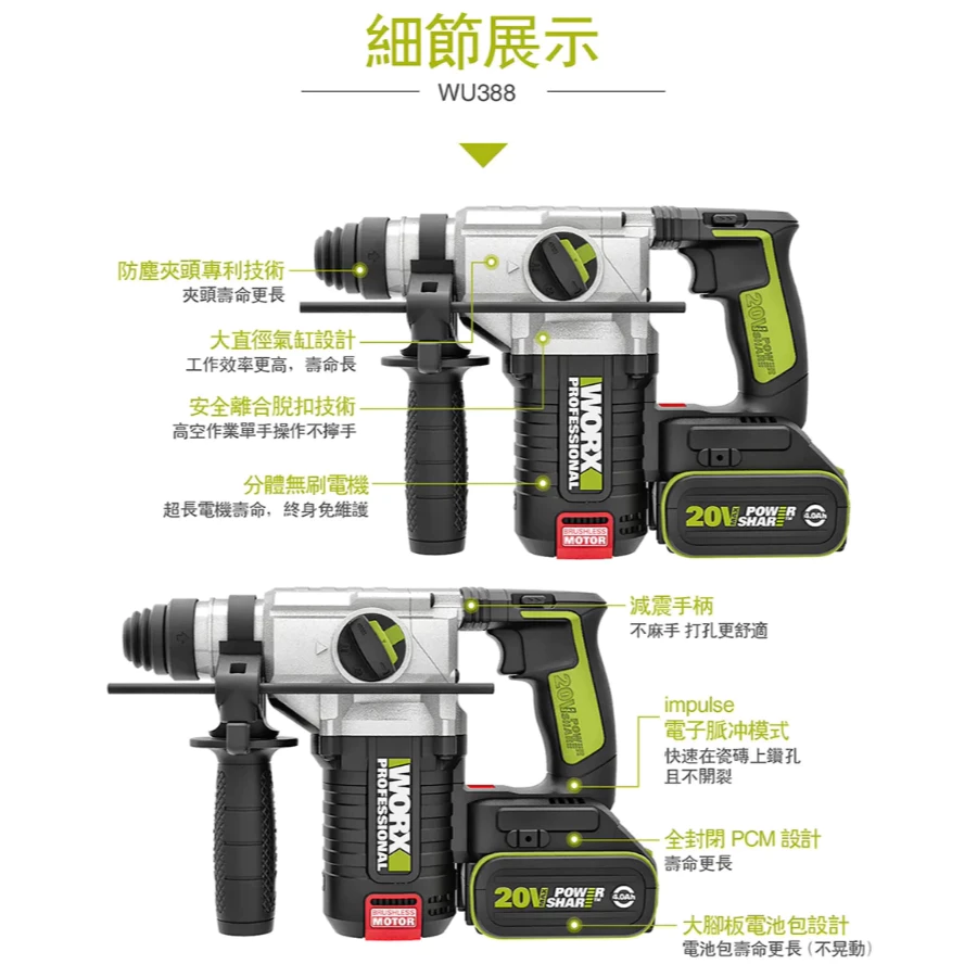 WU388鋰電無刷免出力電錘20V 24mm 磁磚模式 錘鑽/平鑽/鏟鑿 三功能 水泥 地板 水電 電槌 WORX威克士