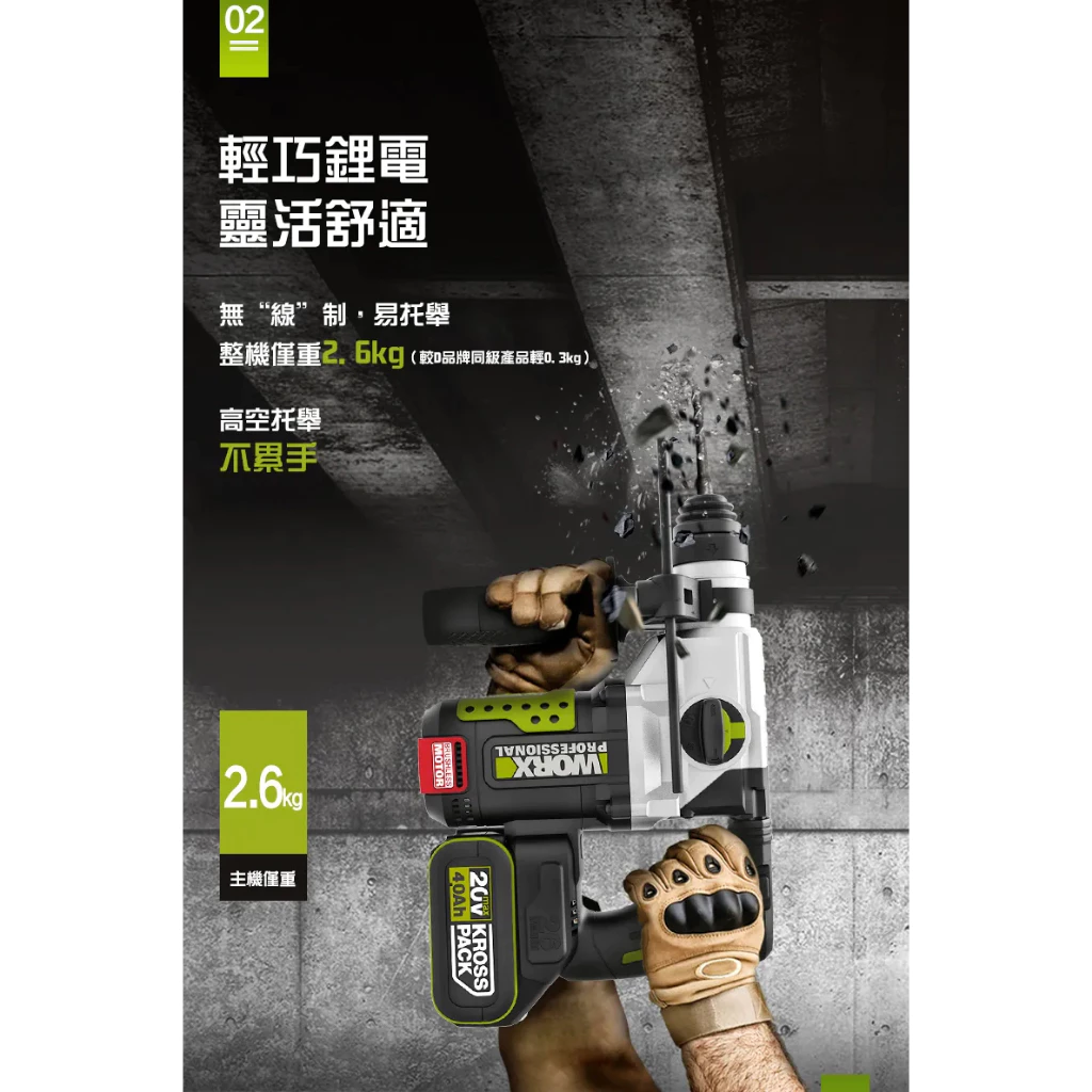 WU389鋰電無刷免出力電錘20V 26mm 錘鑽/平鑽/鏟鑿 三功能 水電 水泥 地板 鑽牆 電槌 WORX 威克士