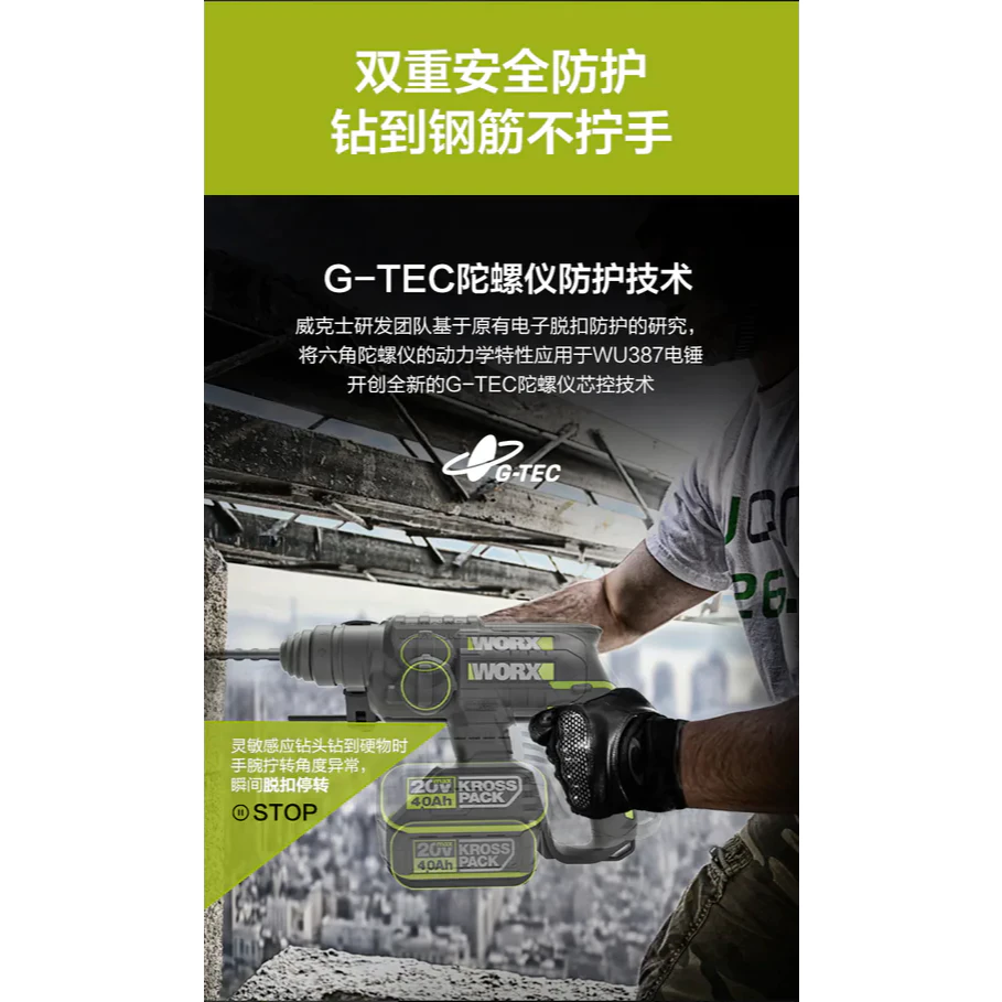 WU380S 鋰電無刷免出力電錘20V 20mm 錘鑽/平鑽 雙功能 水泥 地板 鑽牆 水電 居家 電槌 WORX威克士