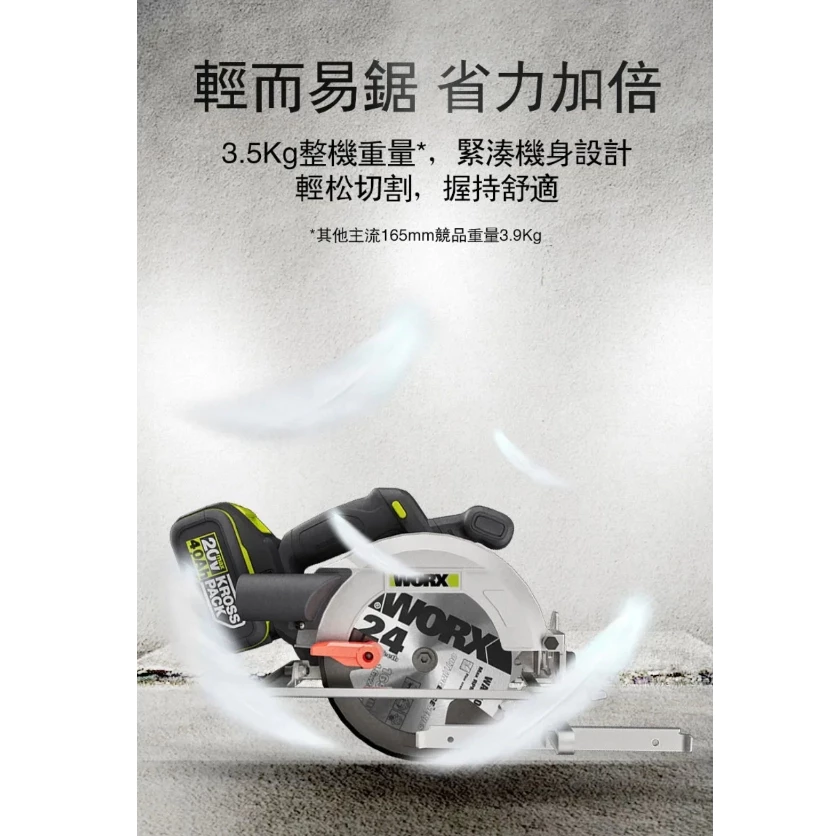WU536無刷鋰電圓鋸機 20V 165mm 木工用 水電 可調整角度 木頭 電鋸 金屬 木工必備 照明 WORX威克士