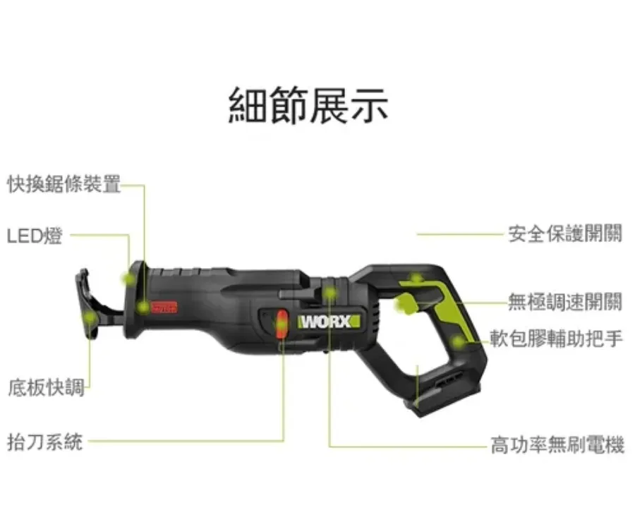 WU501 無刷鋰電軍刀鋸 20V 29mm 重型 仿真抬刀 電鋸 木頭 樹枝 水管 水電 居家 金屬 WORX 威克士