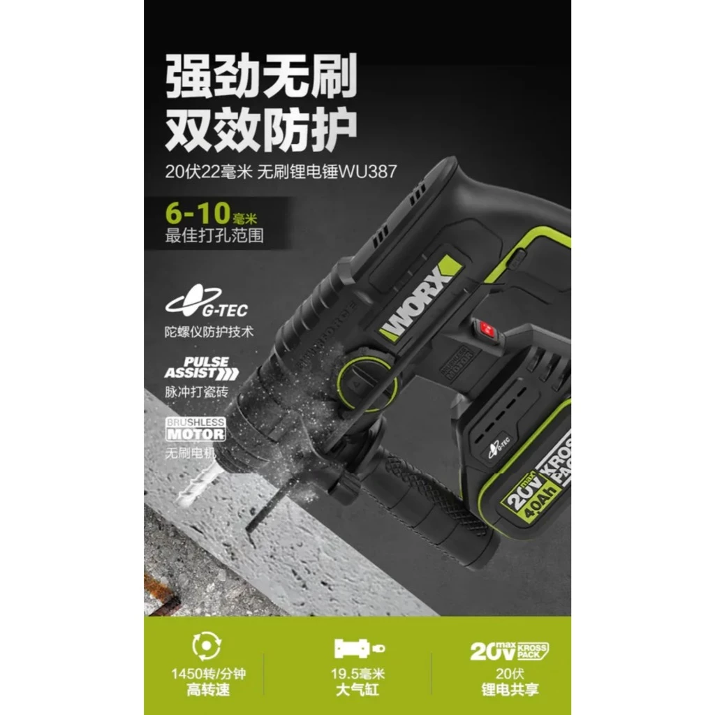 WU380S 鋰電無刷免出力電錘20V 20mm 錘鑽/平鑽 雙功能 水泥 地板 鑽牆 水電 居家 電槌 WORX威克士