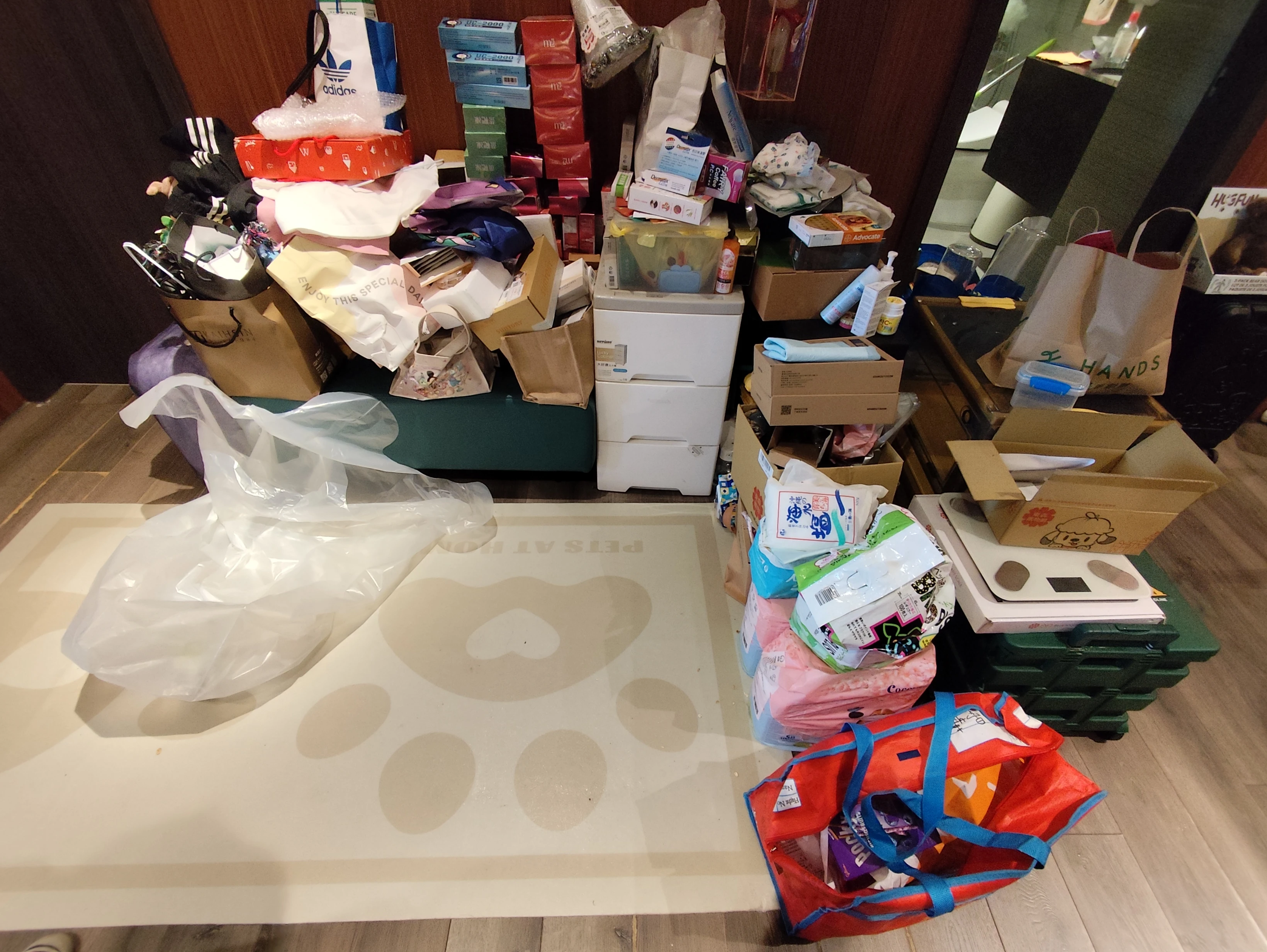 台中西屯居家整理前，客廳角落堆放箱袋與抽屜櫃