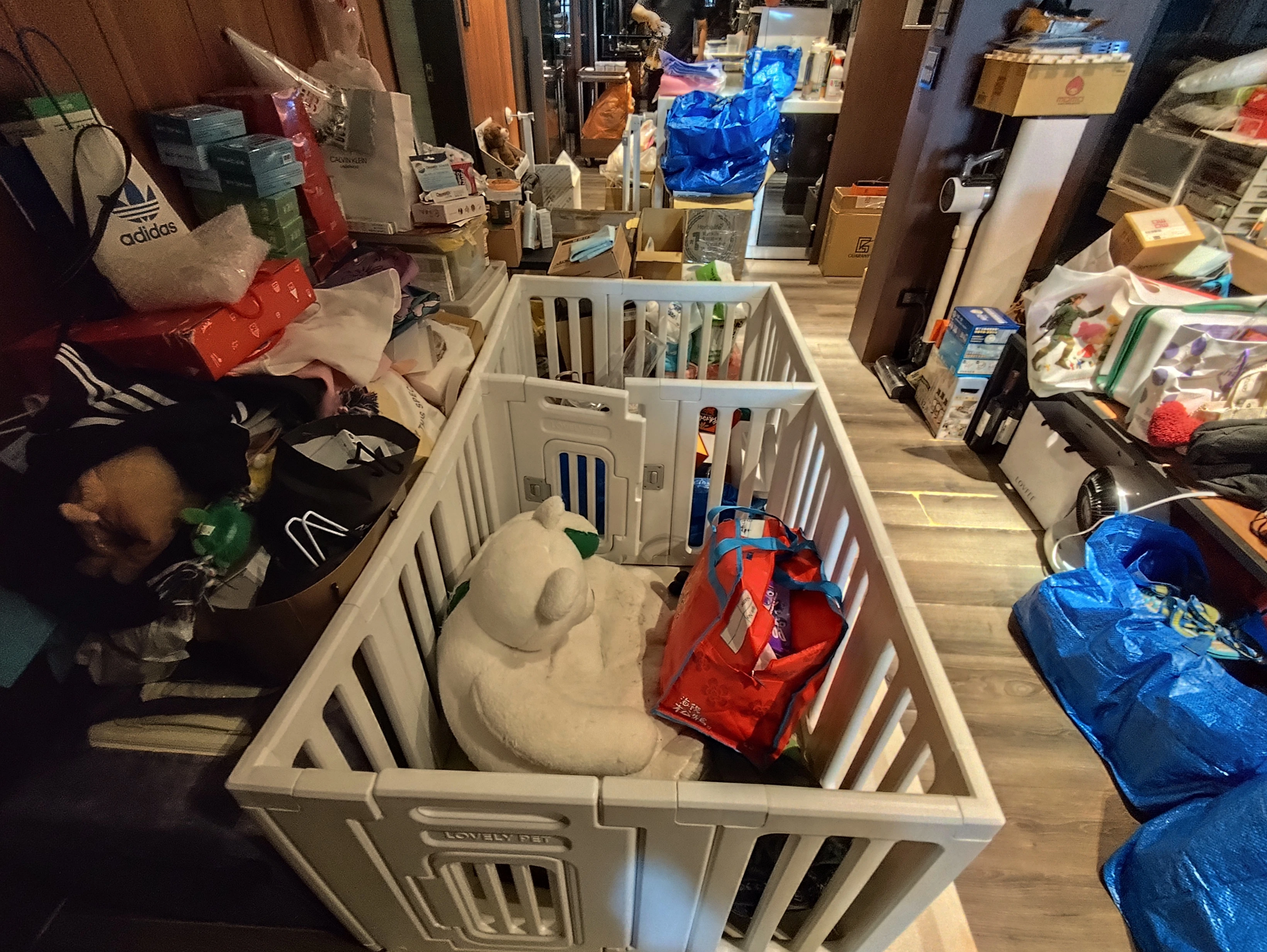 西屯客廳整理前，嬰兒床周邊堆放箱袋，走道較狹窄
