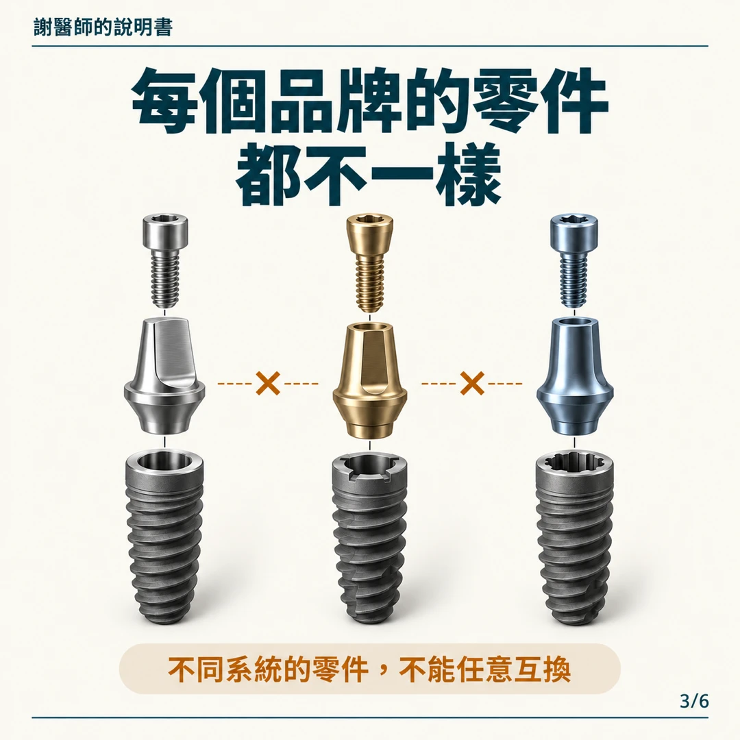 不同品牌的植體支台與螺絲設計不同,零件不能任意互換