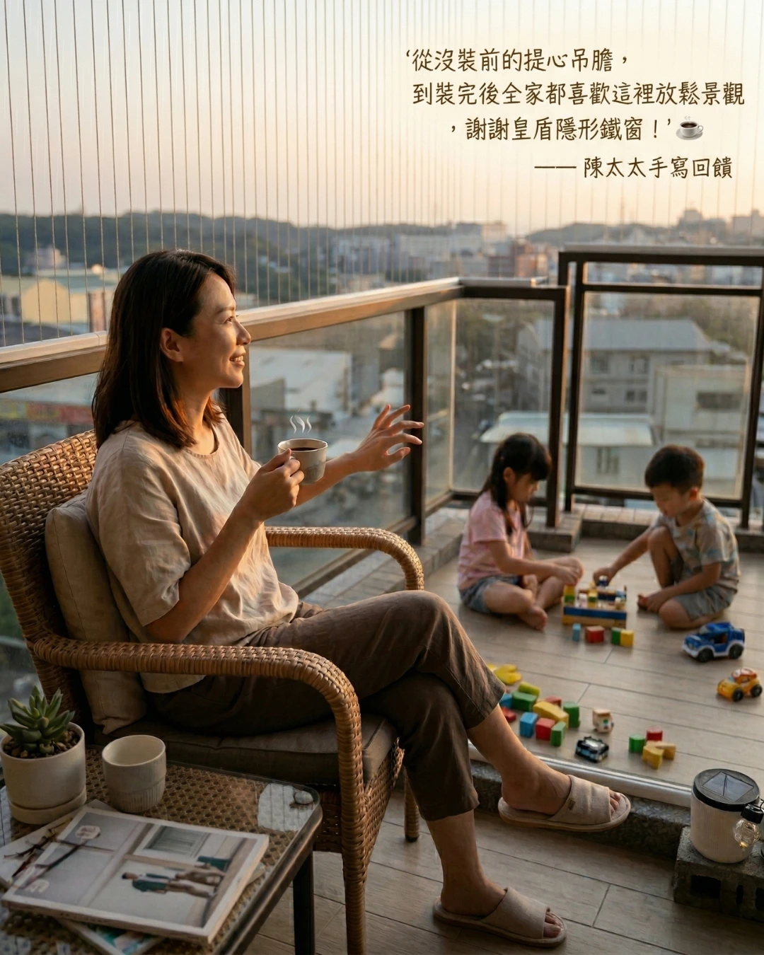 「把陽台還給生活，把安全交給皇盾。」