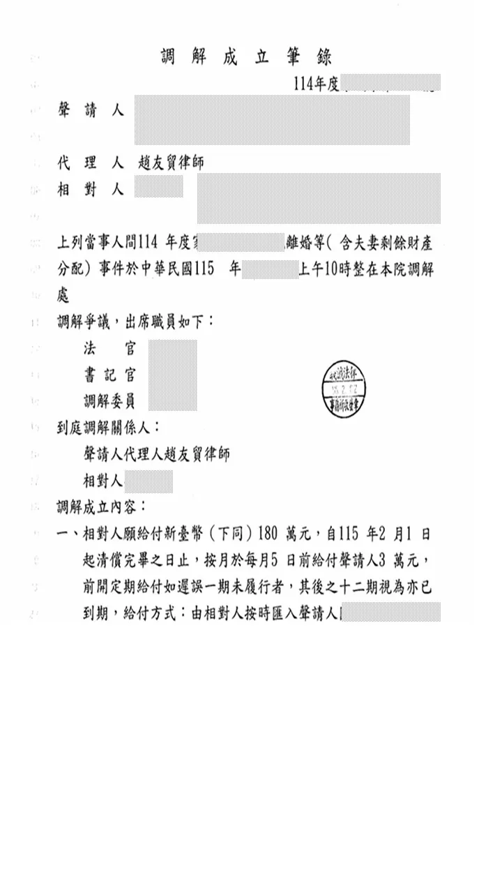 本所律師為委託人調解【離婚等事件】，調解成立並獲得新臺幣180萬元之賠償。