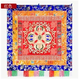 西藏【藏式佛堂華麗裝飾綢緞桌圍彩穗藏布】 十字金剛杵 X 八寶吉祥圖案 供桌布(大) 加厚雙層五彩穗
