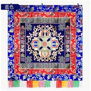 西藏【藏式佛堂華麗裝飾綢緞桌圍彩穗藏布】 十字金剛杵 X 八寶吉祥圖案 供桌布(大) 加厚雙層五彩穗