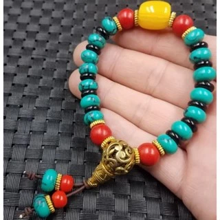 <西藏特色手環>西藏桑耶寺加持~藏式優化綠松石銅質手環~補運~愉悅~樂觀的正能量手環佩飾~~