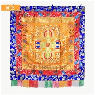 西藏【藏式佛堂華麗裝飾綢緞桌圍彩穗藏布】 十字金剛杵 X 八寶吉祥圖案 供桌布(大) 加厚雙層五彩穗