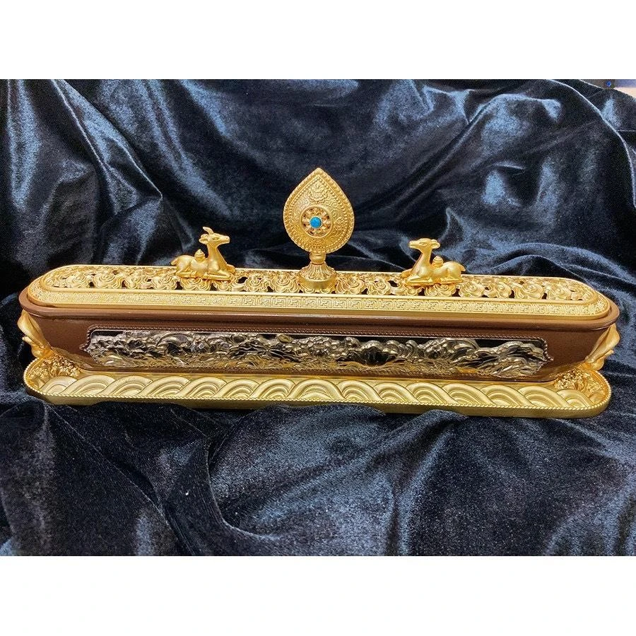 西藏【藏式金蓮吉祥雙鹿雙象法輪臥香盒】 (可燃藏香臥香線香)大 (雙象耳)