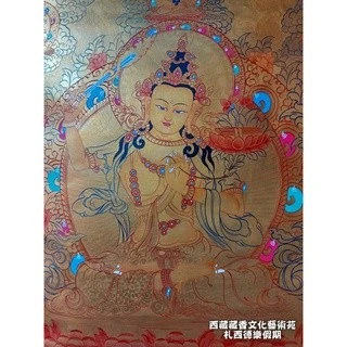 【楚布文化】西藏金箔手繪大唐卡 卷軸畫< 文殊菩薩> 西藏三怙主~ 精緻手繪純金汁大唐卡