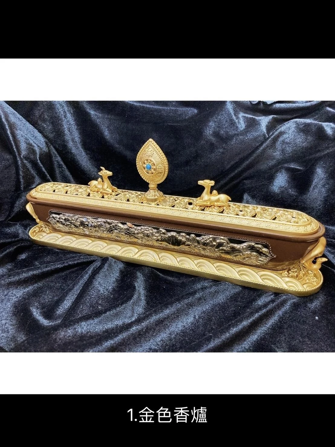 西藏【藏式金蓮吉祥雙鹿雙象法輪臥香盒】 (可燃藏香臥香線香)大 (雙象耳)