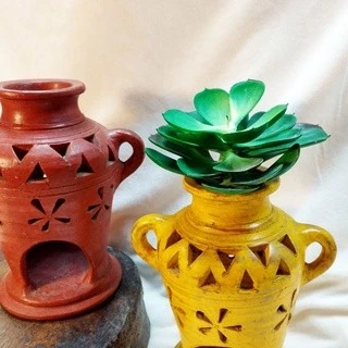 印度老陶器燭座 雙耳陶器 可當花器擺設 手做陶器燭台