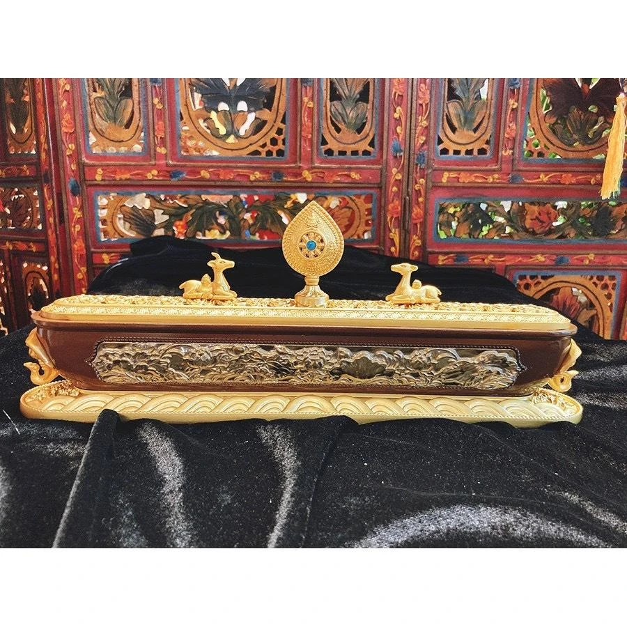 西藏【藏式金蓮吉祥雙鹿雙象法輪臥香盒】 (可燃藏香臥香線香)大 (雙象耳)