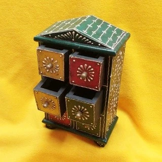印度 實木 彩繪 4抽 桌上小櫃 / 實木 桌上小抽 居家擺飾 鄉村風格