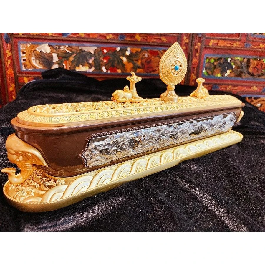 西藏【藏式金蓮吉祥雙鹿雙象法輪臥香盒】 (可燃藏香臥香線香)大 (雙象耳)
