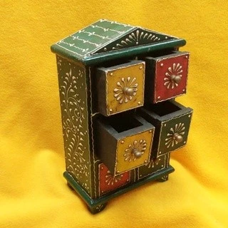 印度 實木 彩繪 4抽 桌上小櫃 / 實木 桌上小抽 居家擺飾 鄉村風格