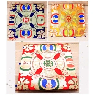 西藏【藏式佛堂華麗裝飾綢緞桌圍彩穗藏布】 十字金剛杵 X 八寶吉祥圖案 供桌布(大) 加厚雙層五彩穗