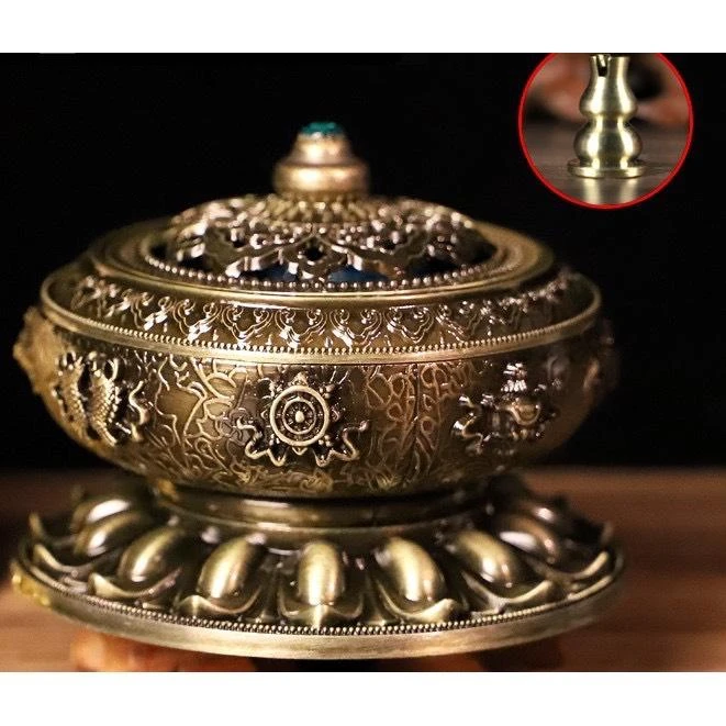 西藏【藏式八吉祥鏤雲薰香爐 銅鋅合金 盤香/塔香/線香/香末皆適用 (中小型)】三色可選