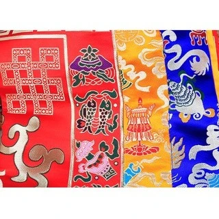 西藏【藏式佛堂華麗裝飾綢緞桌圍彩穗藏布】 十字金剛杵 X 八寶吉祥圖案 供桌布(大) 加厚雙層五彩穗