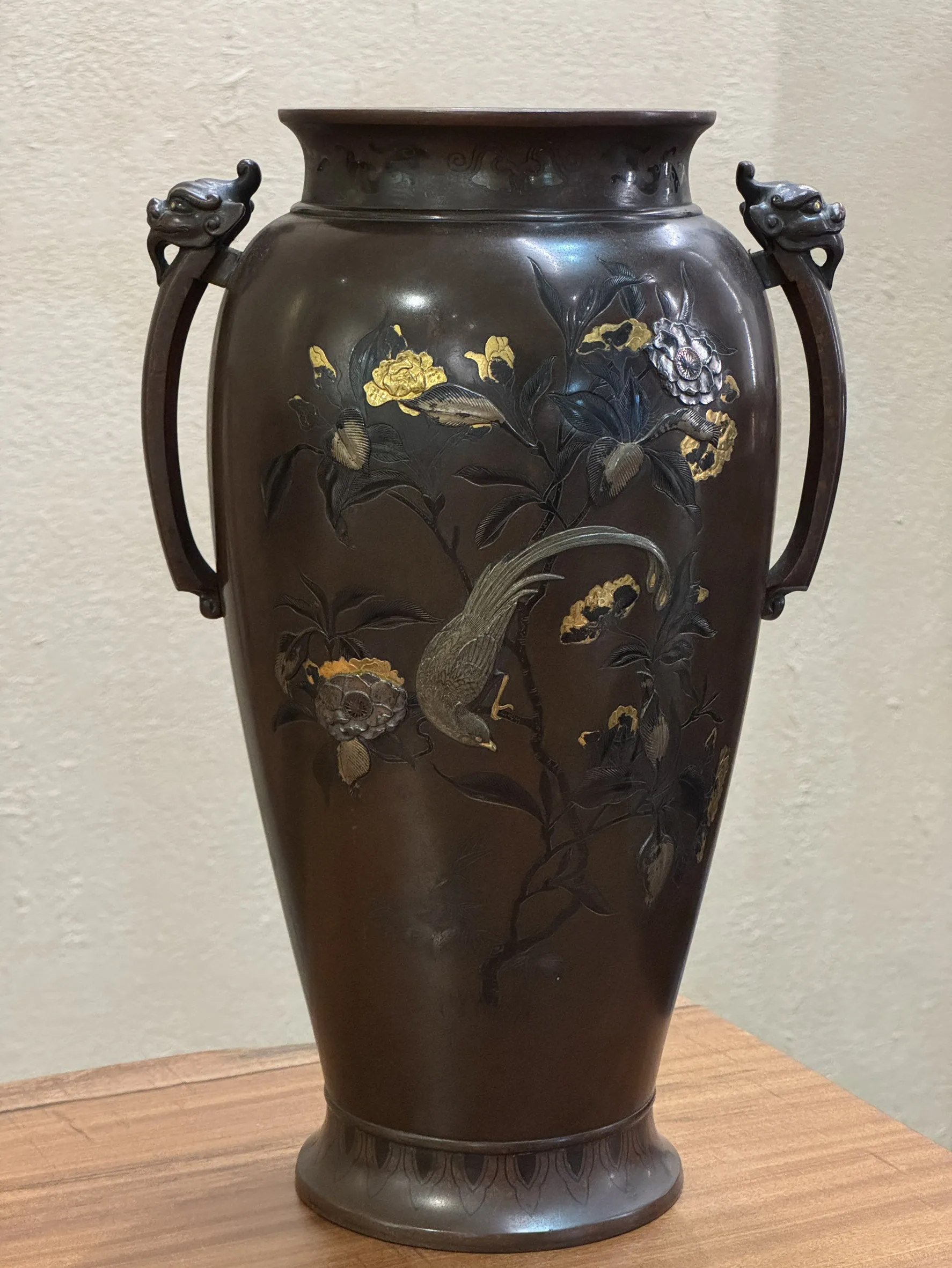 明治時期 銅製金銀象嵌花鳥耳付花瓶