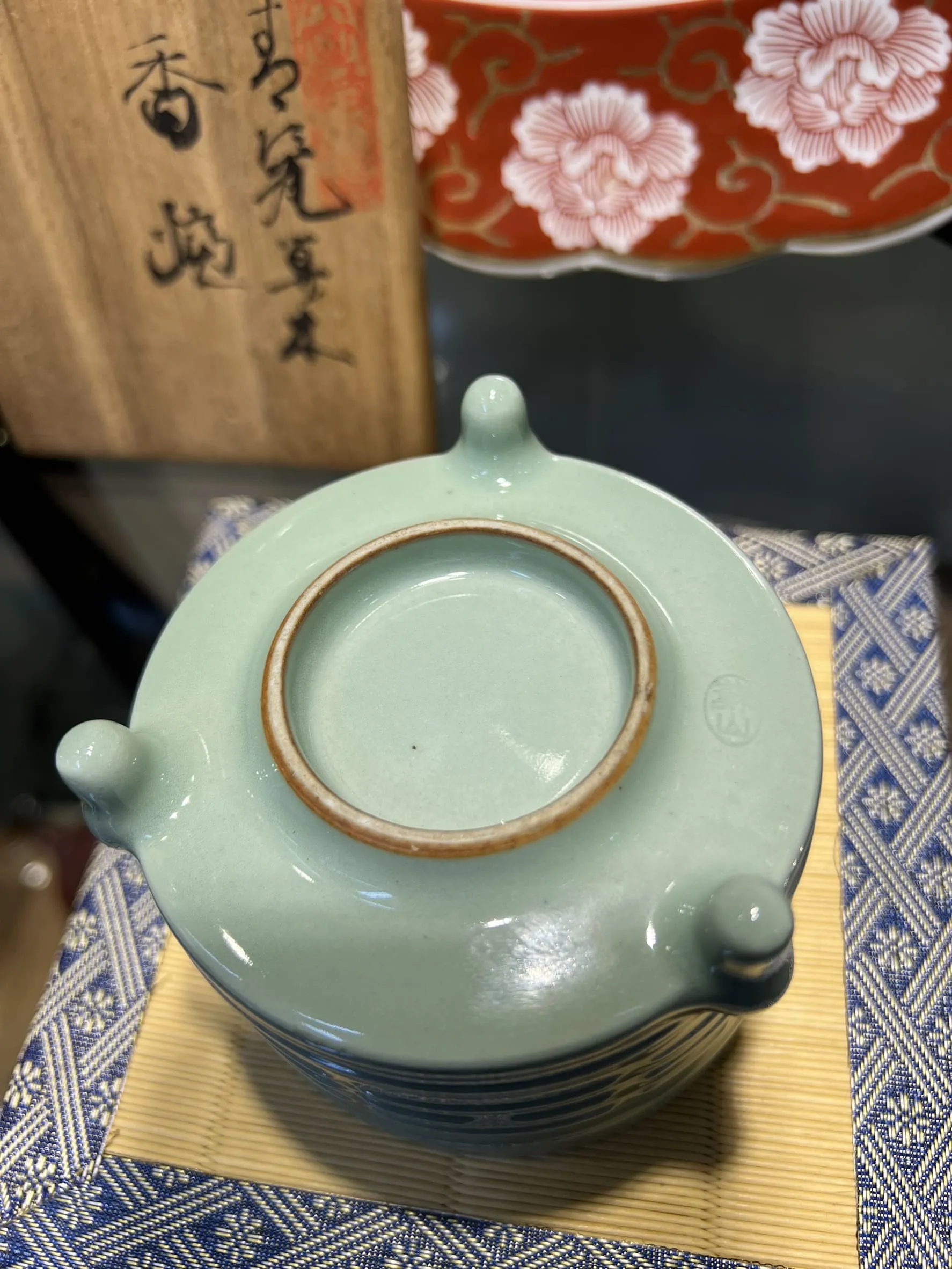 明治時期 初代蘇山造 青瓷鳳凰紋純銀火舍香爐