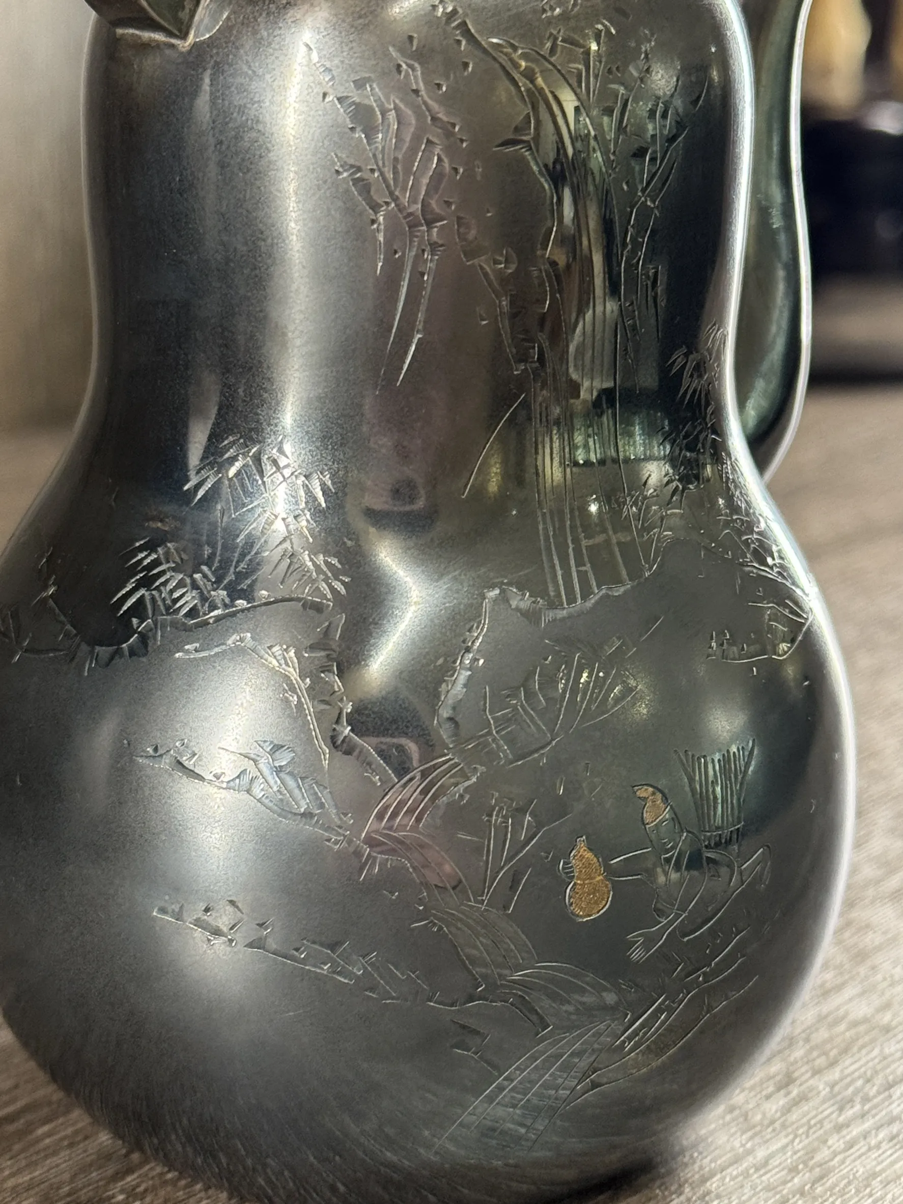 大正時期 瓢簞型人物山水圖 純銀急須