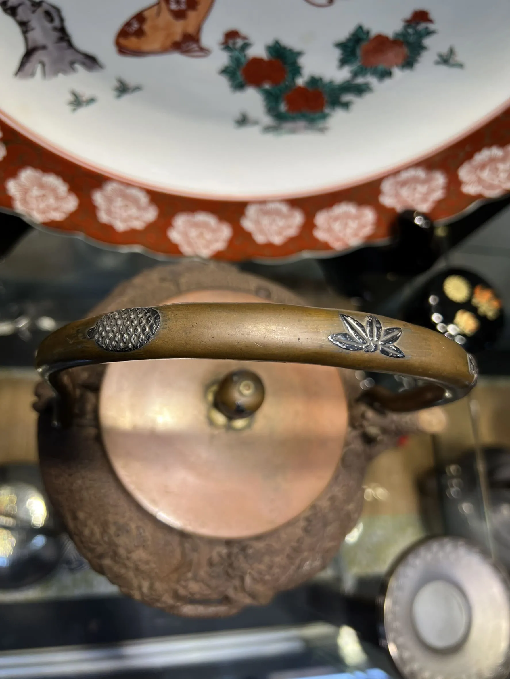 龜文堂造 鎏金銀月夜山景樓閣瀑布 老鐵瓶