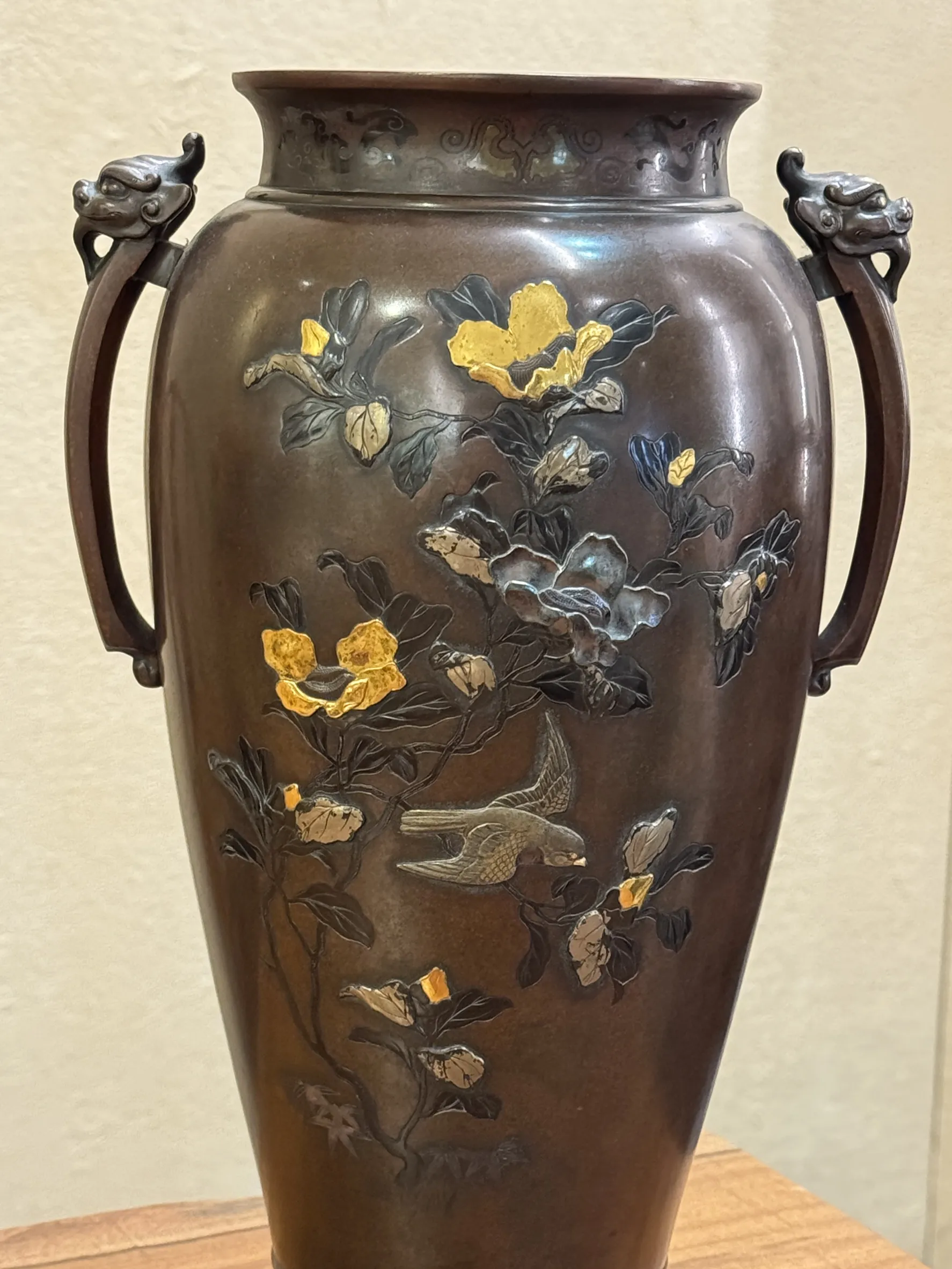 明治時期 銅製金銀象嵌花鳥耳付花瓶