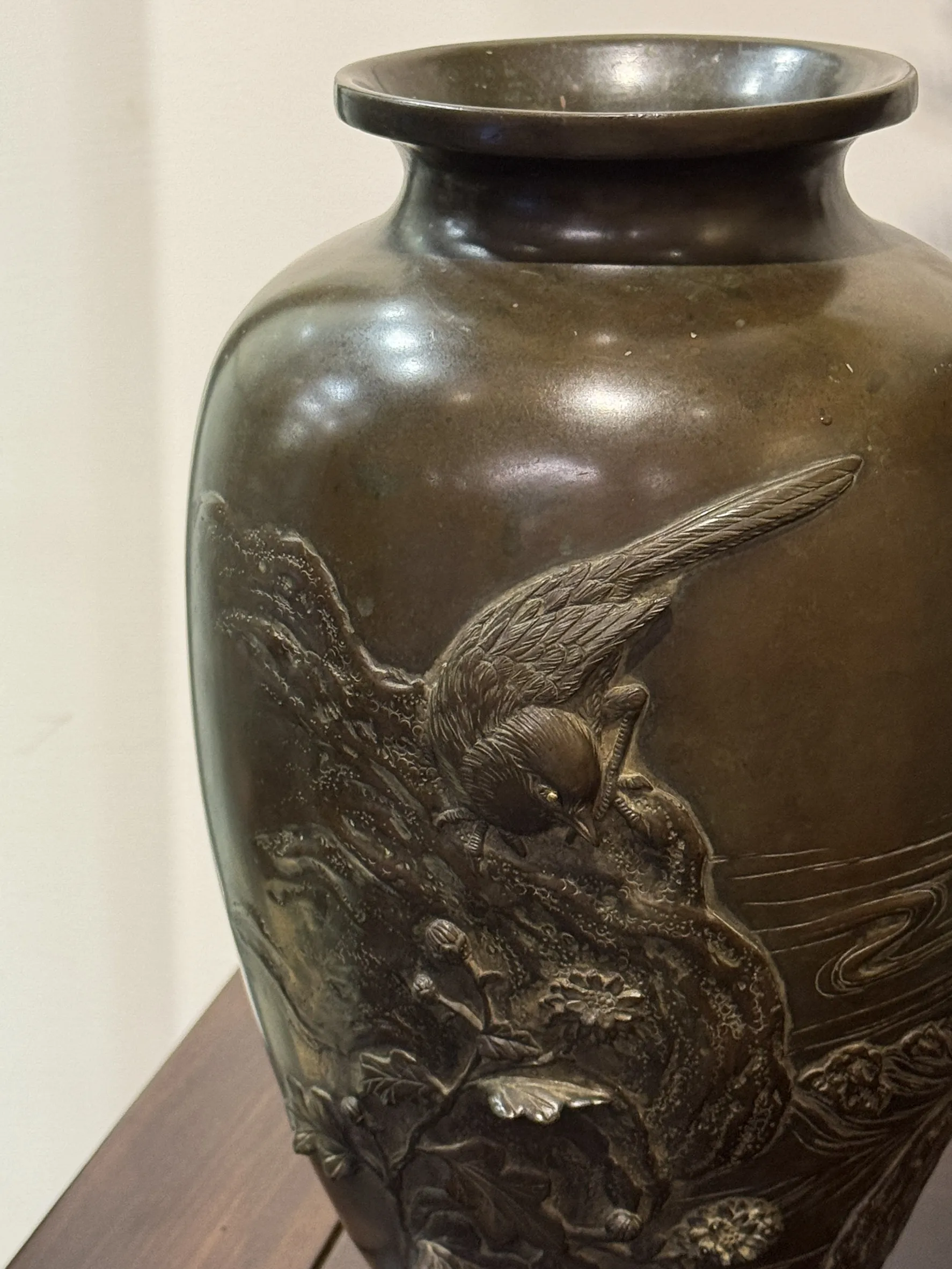 名家款 大正時期花鳥嵌金眼銅花瓶