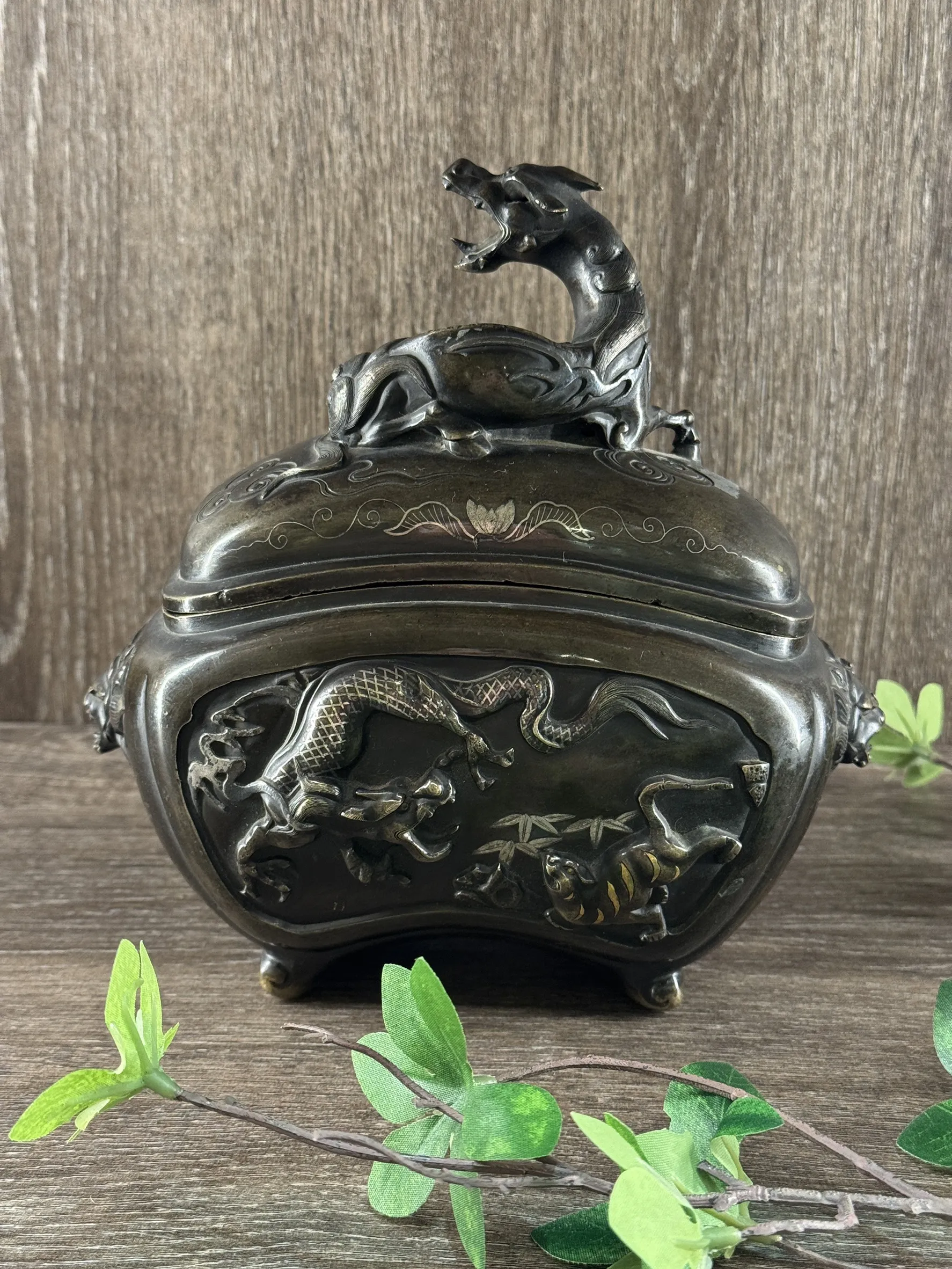 明治時期 銅製象嵌龍虎香爐