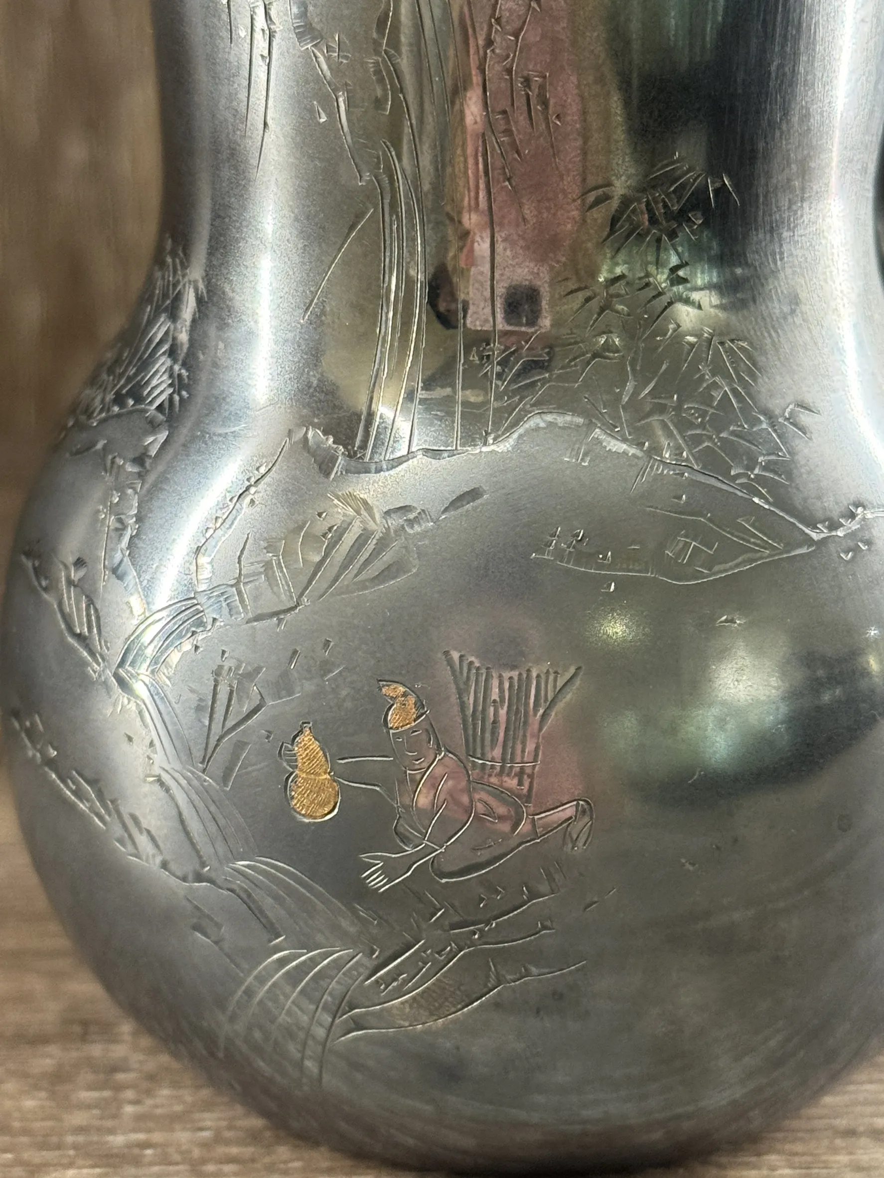 大正時期 瓢簞型人物山水圖 純銀急須