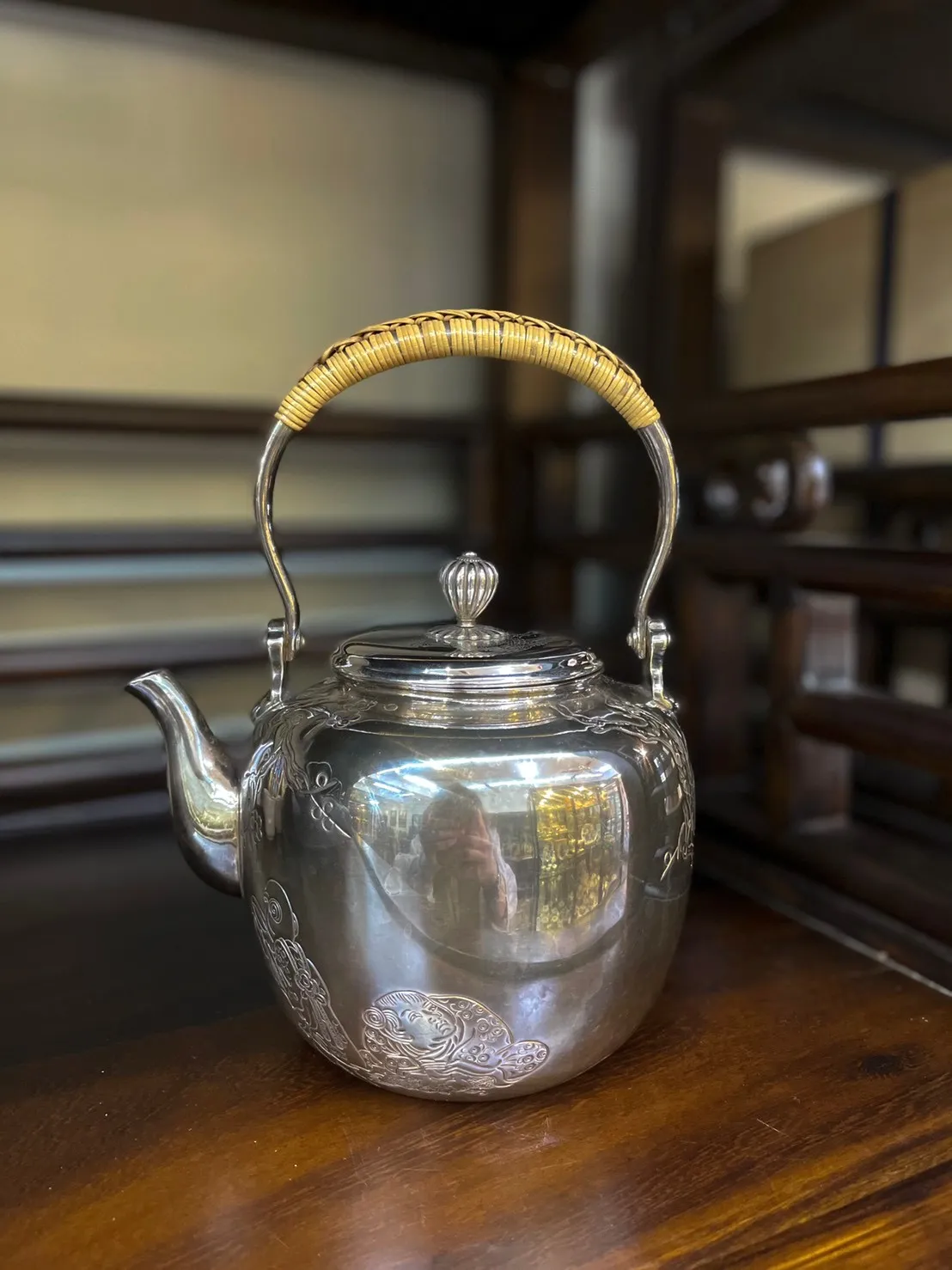 生駒作 鎏金壽翁仙鶴童子圖純銀湯沸