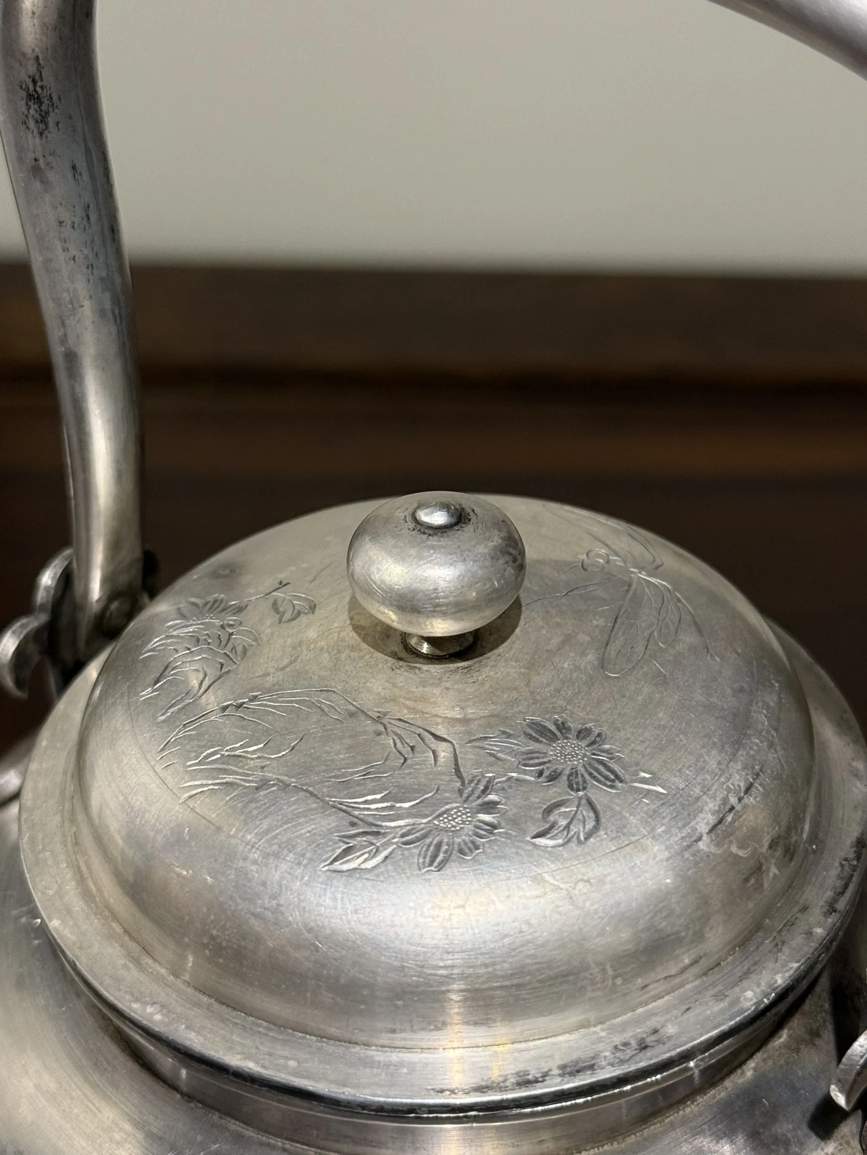 明治時期 花草彫純銀小湯沸