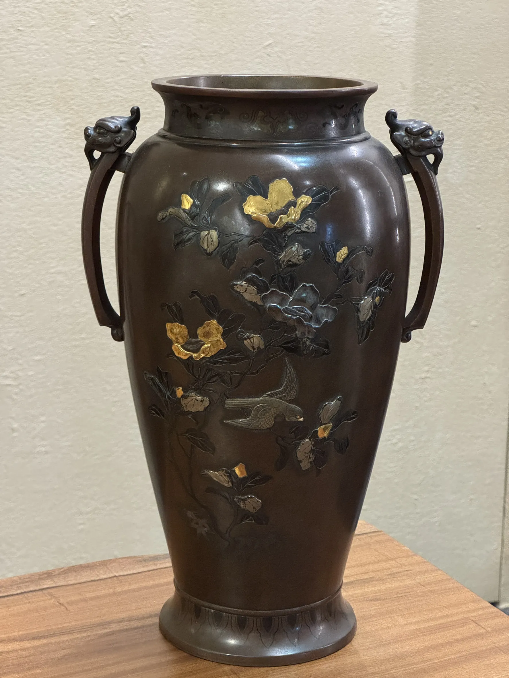 明治時期 銅製金銀象嵌花鳥耳付花瓶