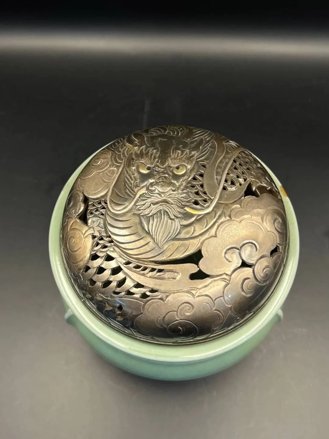 日本製老件 南宋風格 瓷 純銀龍彫 鎏金眼香爐