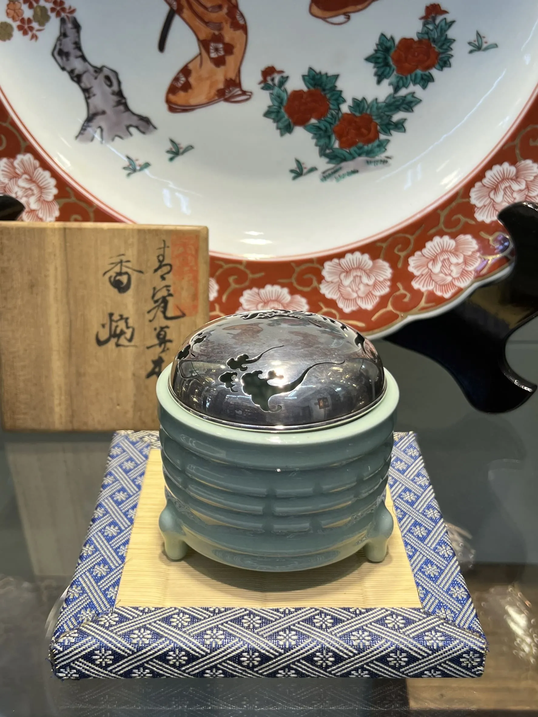 明治時期 初代蘇山造 青瓷鳳凰紋純銀火舍香爐