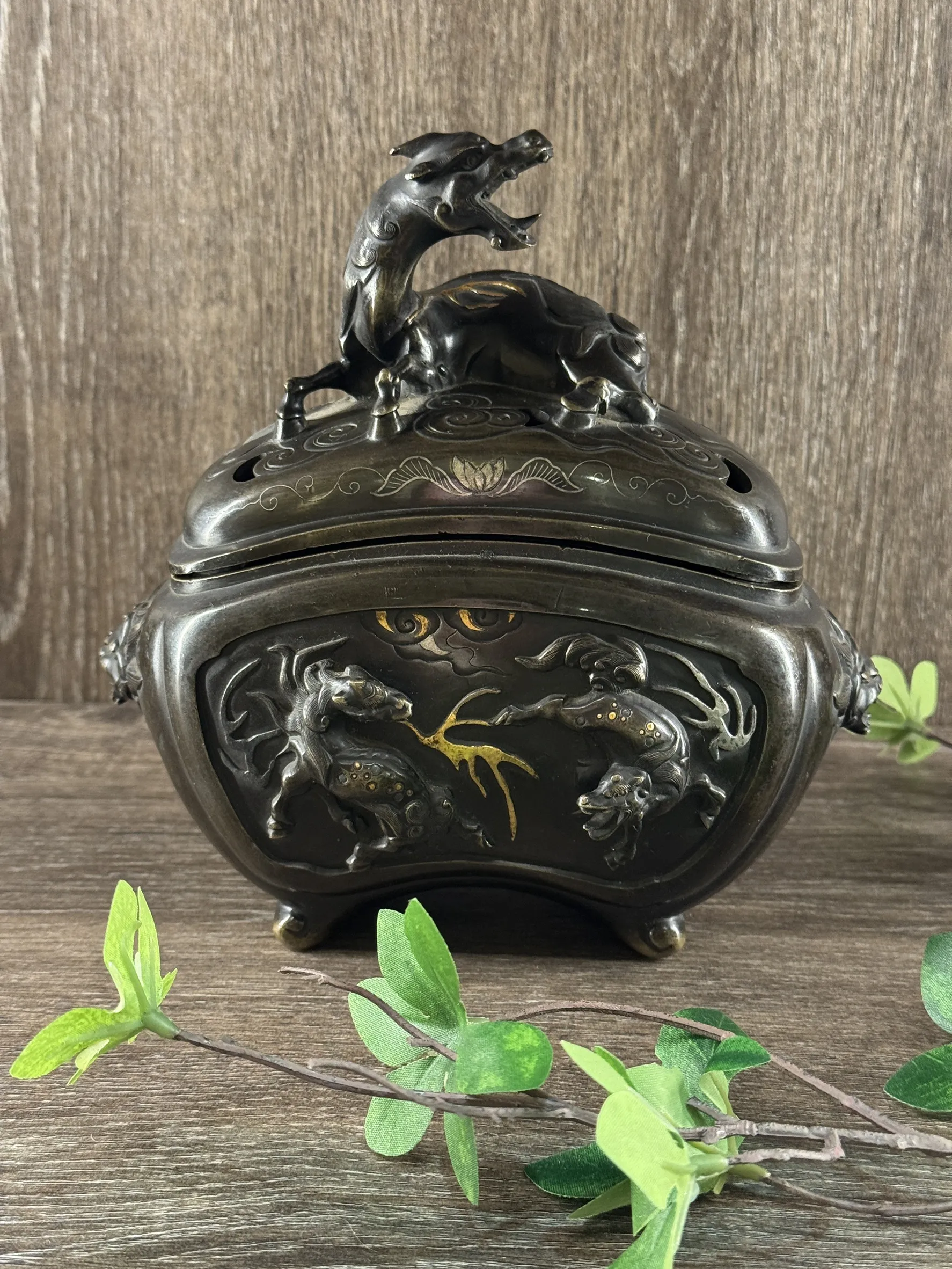 明治時期 銅製象嵌龍虎香爐