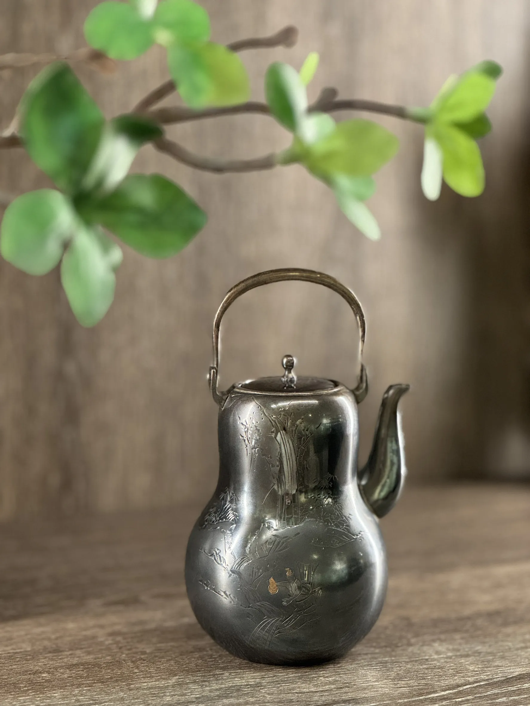 大正時期 瓢簞型人物山水圖 純銀急須