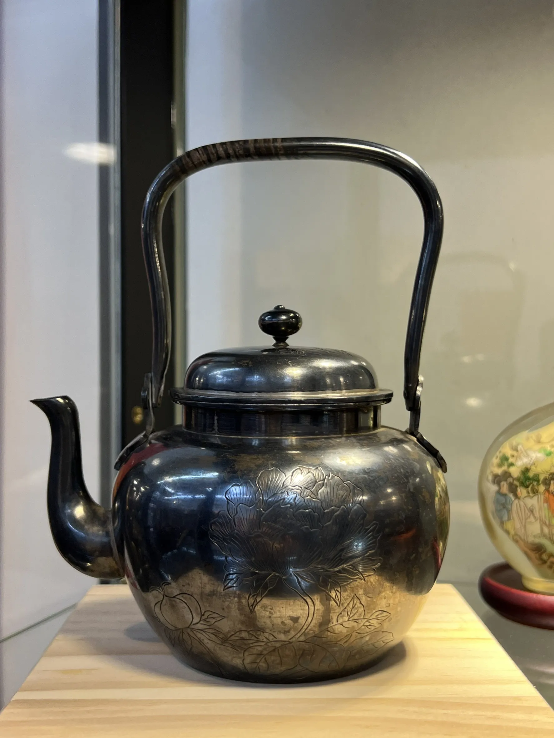 明治時期 花草彫純銀小湯沸